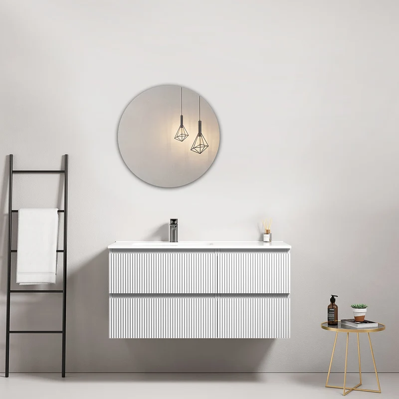 Mobile bagno sospeso cannettato 100 cm Bianco Lavabo a Sinistra in Ceramica Specchio Tondo - Fiji Paint