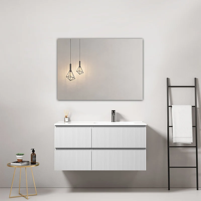 Mobile bagno sospeso cannettato 100 cm Bianco Lavabo a Destra in Ceramica Specchio Quadro - Fiji Paint