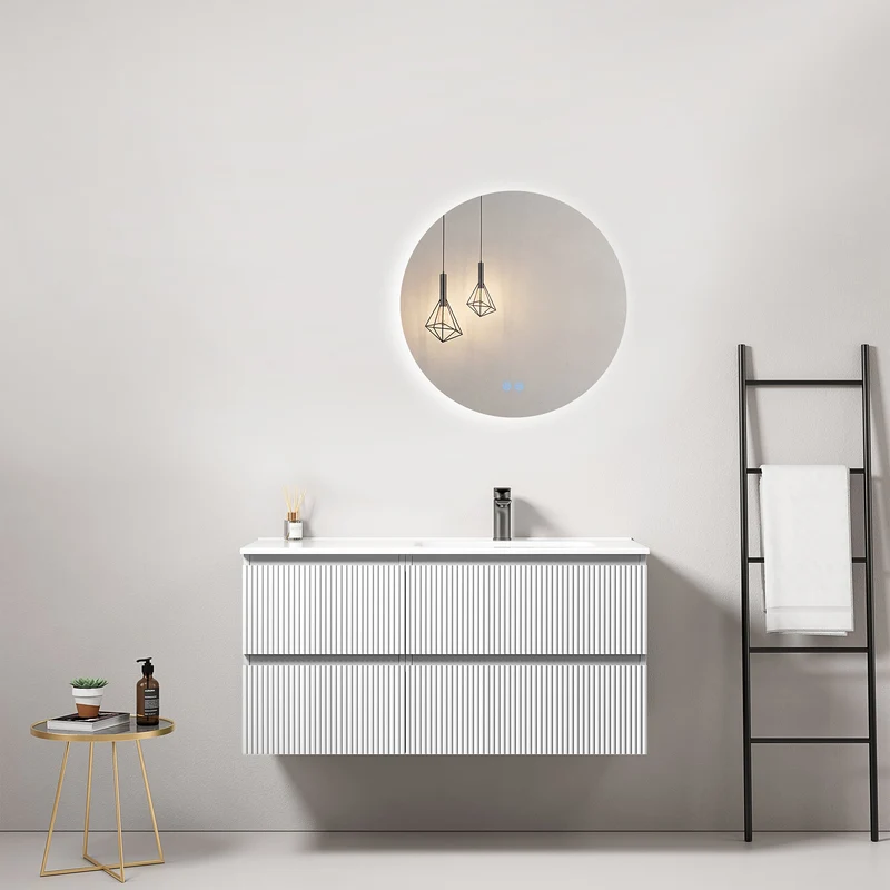 Mobile bagno sospeso cannettato 100 cm Bianco Lavabo a Destra in Ceramica Specchio Tondo Retroilluminato - Fiji Paint