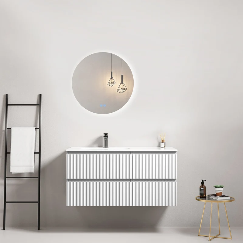 Mobile bagno sospeso cannettato 100 cm Bianco Lavabo a Sinistra in Ceramica Specchio Tondo Retroilluminato - Fiji Paint