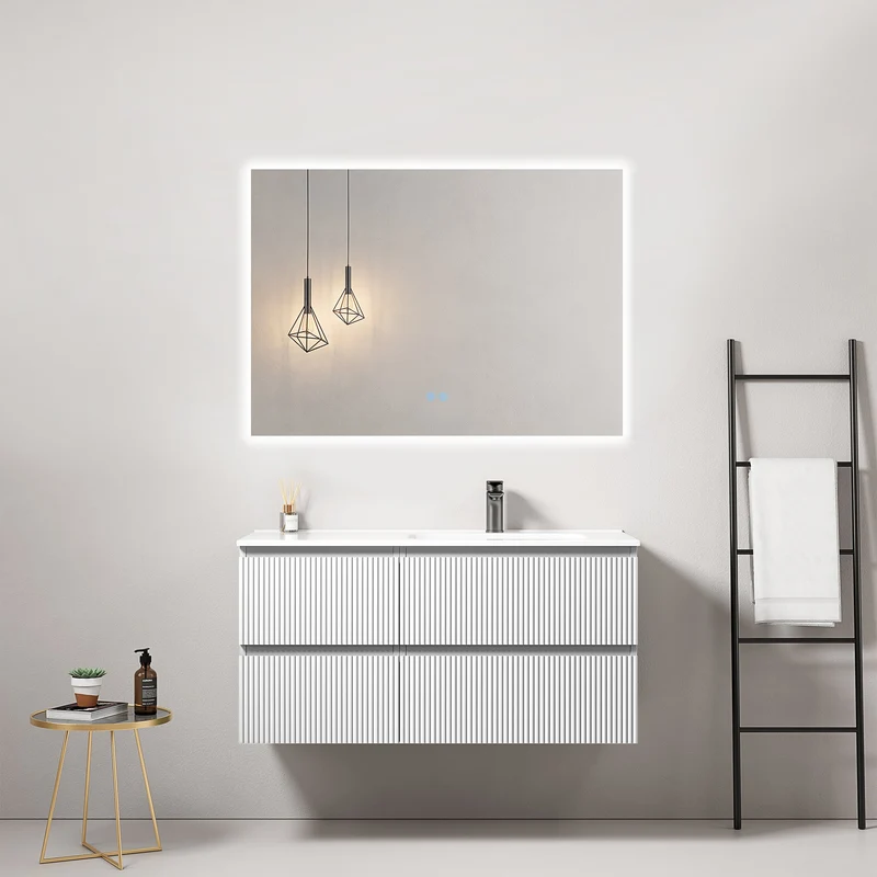 Mobile bagno sospeso cannettato 100 cm Bianco Lavabo a Destra in Ceramica Specchio Quadro Retroilluminato - Fiji Paint