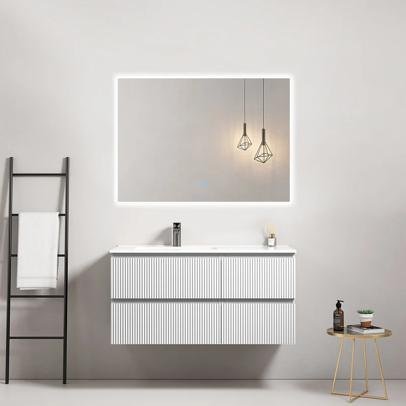 Mobile bagno sospeso cannettato 100 cm Bianco Lavabo a Sinistra in Ceramica Specchio Quadro Retroilluminato - Fiji Paint