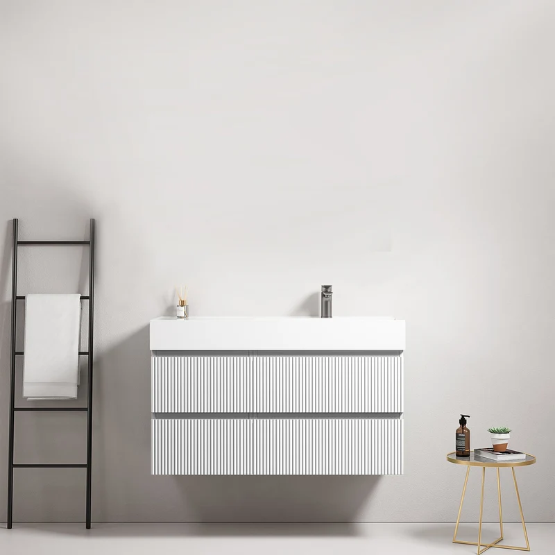 Mobile bagno sospeso cannettato 100 cm Bianco Lavabo a Destra in Resina Senza Specchio - Fiji Paint