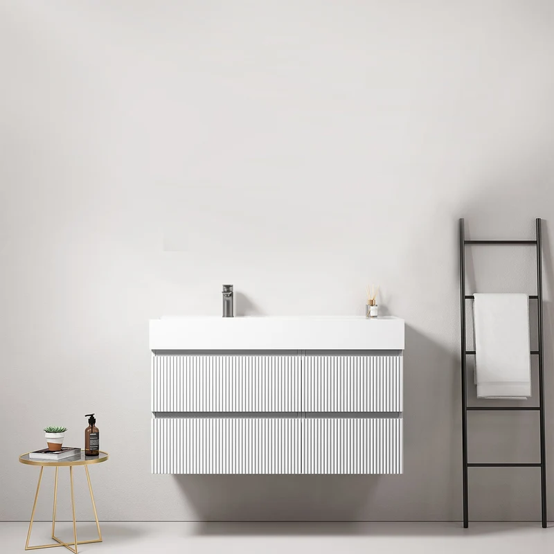 Mobile bagno sospeso cannettato 100 cm Bianco Lavabo a Sinistra in Resina Senza Specchio - Fiji Paint