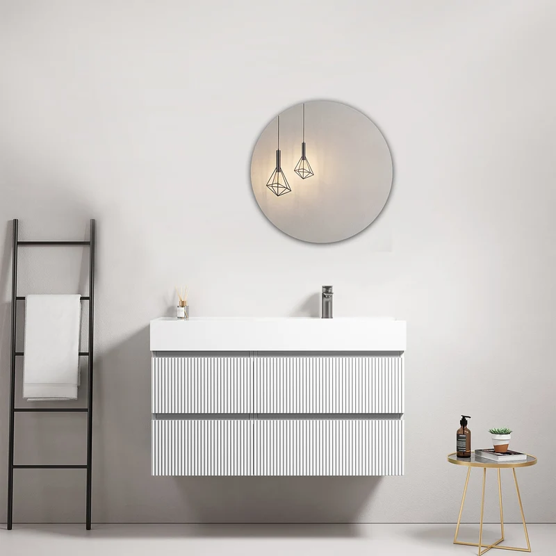 Mobile bagno sospeso cannettato 100 cm Bianco Lavabo a Destra in Resina Specchio Tondo - Fiji Paint