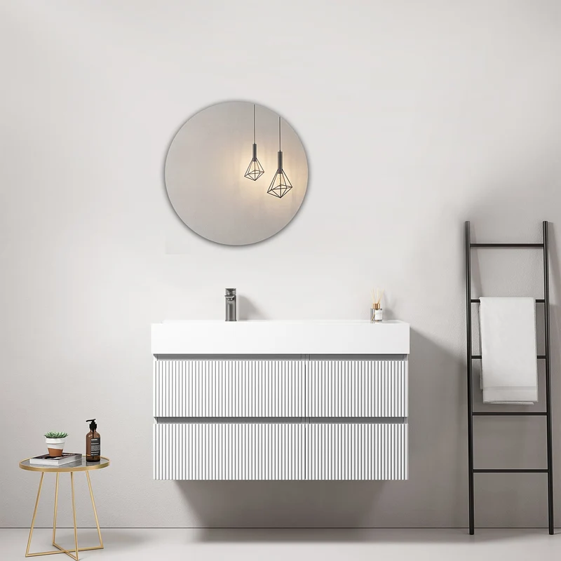 Mobile bagno sospeso cannettato 100 cm Bianco Lavabo a Sinistra in Resina Specchio Tondo - Fiji Paint