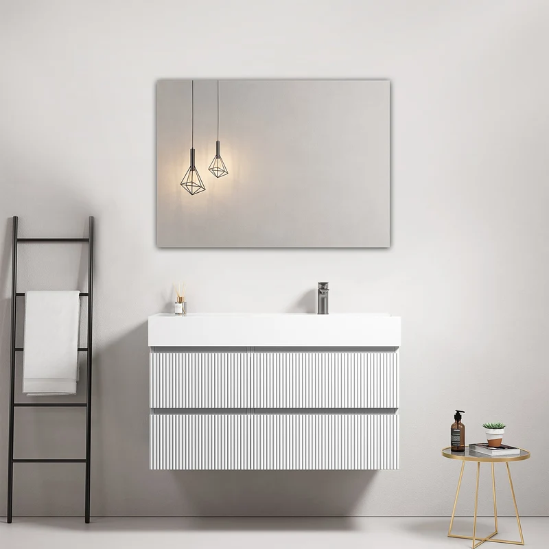Mobile bagno sospeso cannettato 100 cm Bianco Lavabo a Destra in Resina Specchio Quadro - Fiji Paint