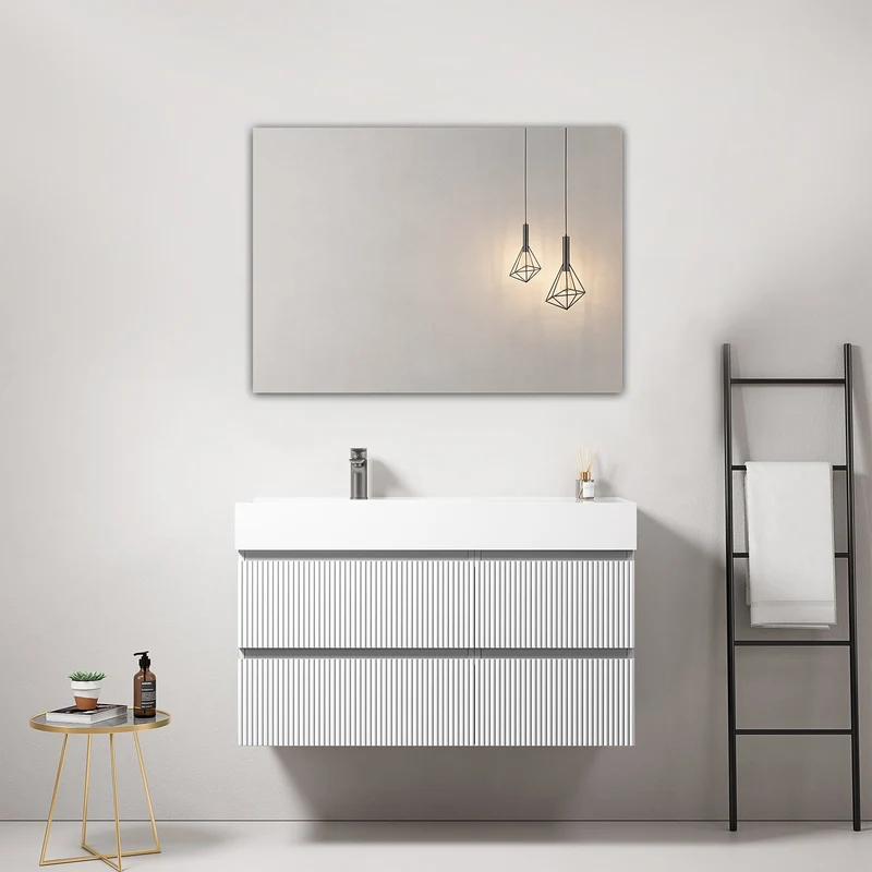 Mobile bagno sospeso cannettato 100 cm Bianco Lavabo a Sinistra in Resina Specchio Quadro - Fiji Paint