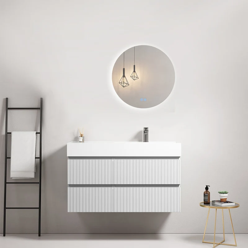 Mobile bagno sospeso cannettato 100 cm Bianco Lavabo a Destra in Resina Specchio Tondo Retroilluminato - Fiji Paint