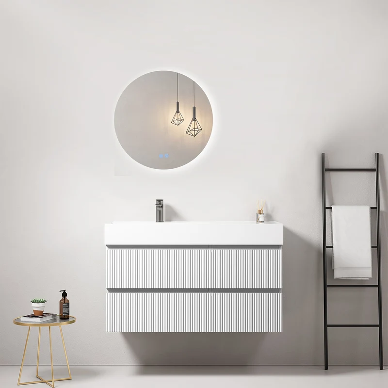 Mobile bagno sospeso cannettato 100 cm Bianco Lavabo a Sinistra in Resina Specchio Tondo Retroilluminato - Fiji Paint