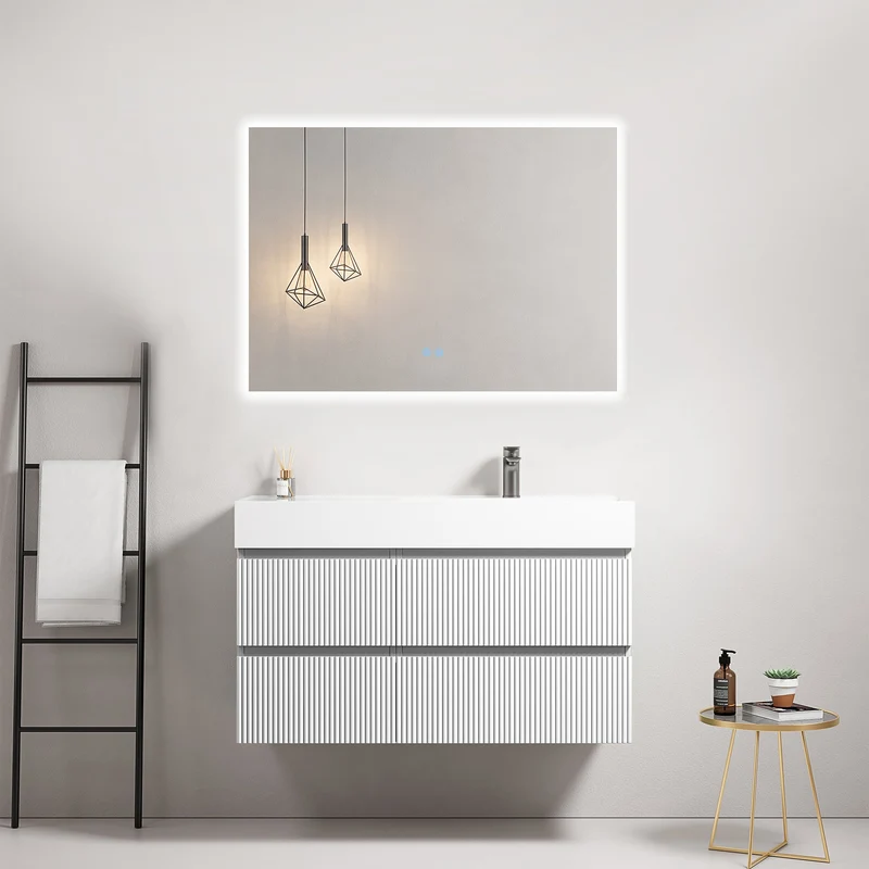 Mobile bagno sospeso cannettato 100 cm Bianco Lavabo a Destra in Resina Specchio Quadro Retroilluminato - Fiji Paint