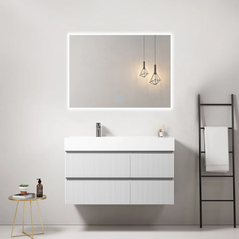Mobile bagno sospeso cannettato 100 cm Bianco Lavabo a Sinistra in Resina Specchio Quadro Retroilluminato - Fiji Paint
