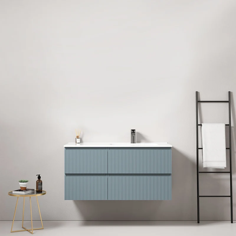 Mobile bagno sospeso cannettato 100 cm Blu Avio Lavabo a Destra in Ceramica Senza Specchio - Fiji Paint