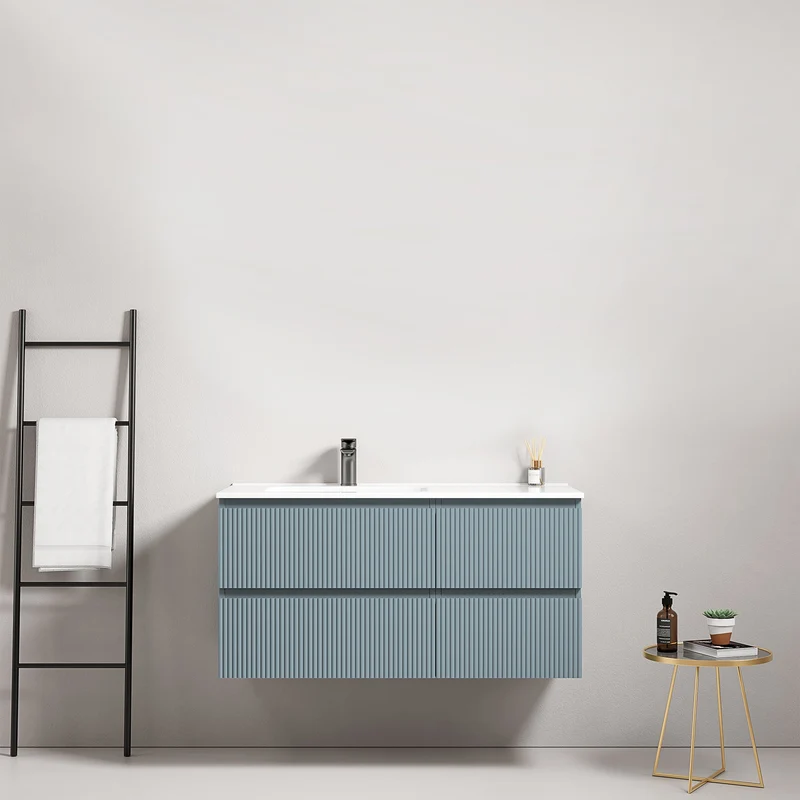 Mobile bagno sospeso cannettato 100 cm Blu Avio Lavabo a Sinistra in Ceramica Senza Specchio - Fiji Paint