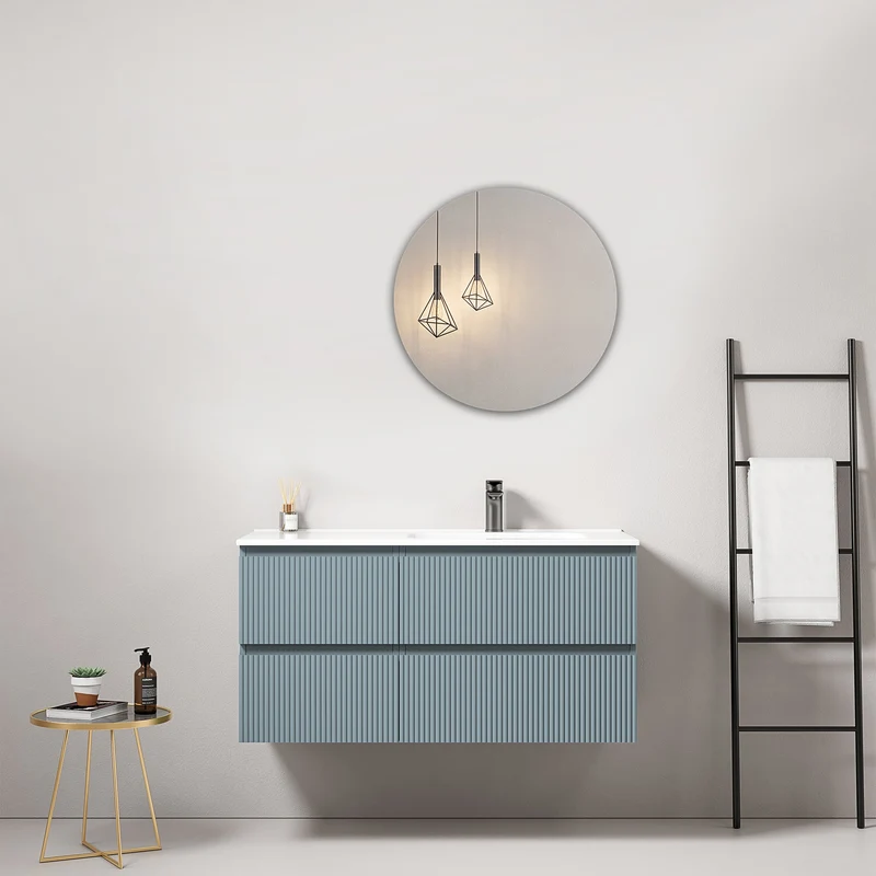 Mobile bagno sospeso cannettato 100 cm Blu Avio Lavabo a Destra in Ceramica Specchio Tondo - Fiji Paint