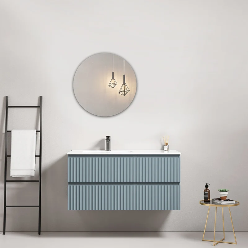 Mobile bagno sospeso cannettato 100 cm Blu Avio Lavabo a Sinistra in Ceramica Specchio Tondo - Fiji Paint
