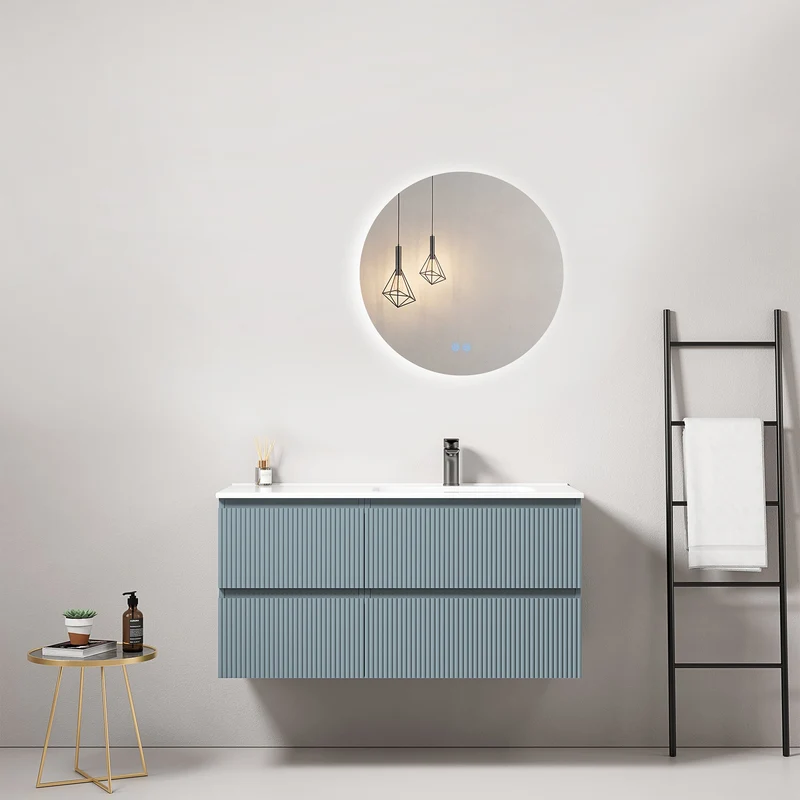 Mobile bagno sospeso cannettato 100 cm Blu Avio Lavabo a Destra in Ceramica Specchio Tondo Retroilluminato - Fiji Paint