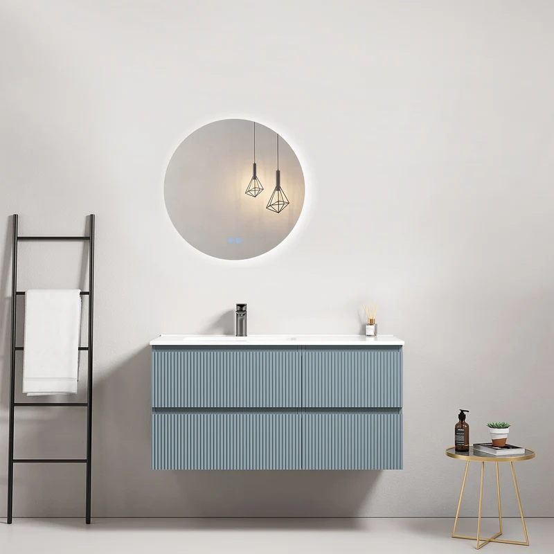 Mobile bagno sospeso cannettato 100 cm Blu Avio Lavabo a Sinistra in Ceramica Specchio Tondo Retroilluminato - Fiji Paint