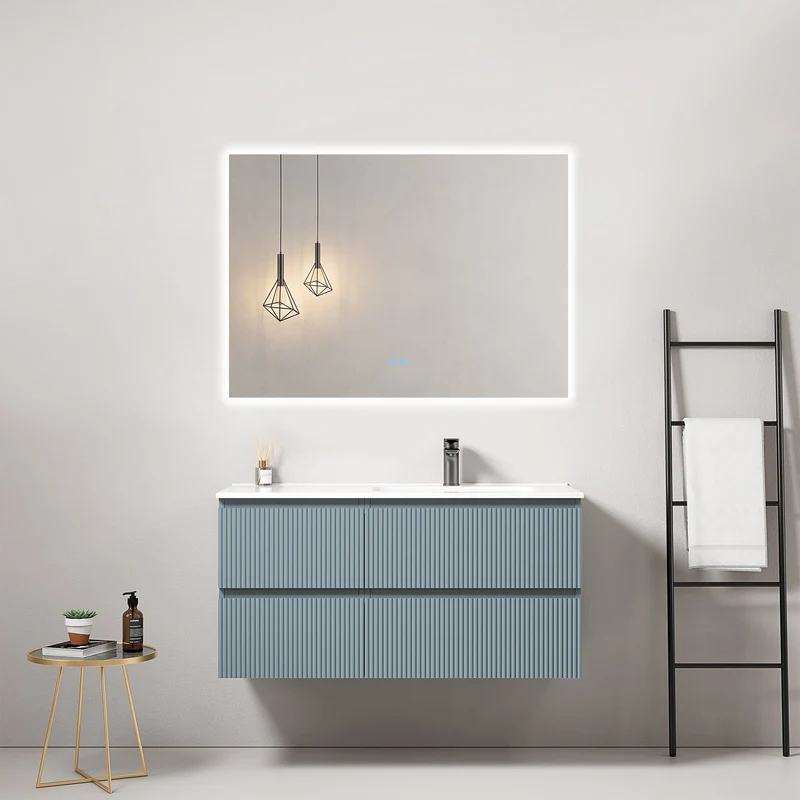 Mobile bagno sospeso cannettato 100 cm Blu Avio Lavabo a Destra in Ceramica Specchio Quadro Retroilluminato - Fiji Paint