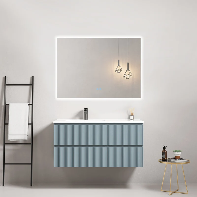 Mobile bagno sospeso cannettato 100 cm Blu Avio Lavabo a Sinistra in Ceramica Specchio Quadro Retroilluminato - Fiji Paint