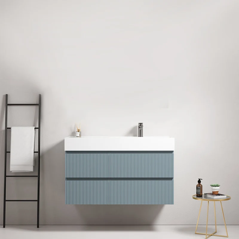 Mobile bagno sospeso cannettato 100 cm Blu Avio Lavabo a Destra in Resina Senza Specchio - Fiji Paint
