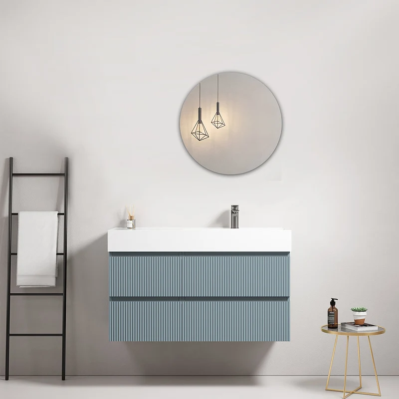 Mobile bagno sospeso cannettato 100 cm Blu Avio Lavabo a Destra in Resina Specchio Tondo - Fiji Paint