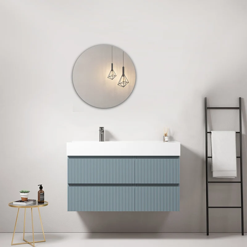 Mobile bagno sospeso cannettato 100 cm Blu Avio Lavabo a Sinistra in Resina Specchio Tondo - Fiji Paint