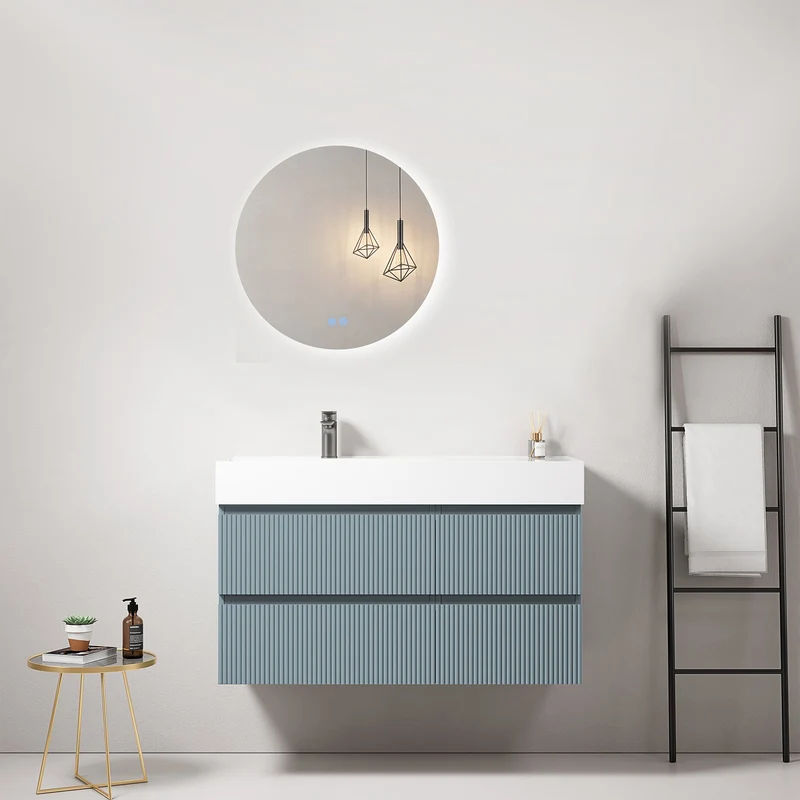 Mobile bagno sospeso cannettato 100 cm Blu Avio Lavabo a Sinistra in Resina Specchio Tondo Retroilluminato - Fiji Paint