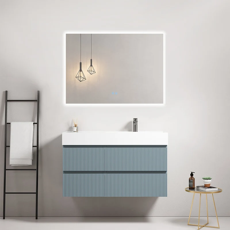 Mobile bagno sospeso cannettato 100 cm Blu Avio Lavabo a Destra in Resina Specchio Quadro Retroilluminato - Fiji Paint