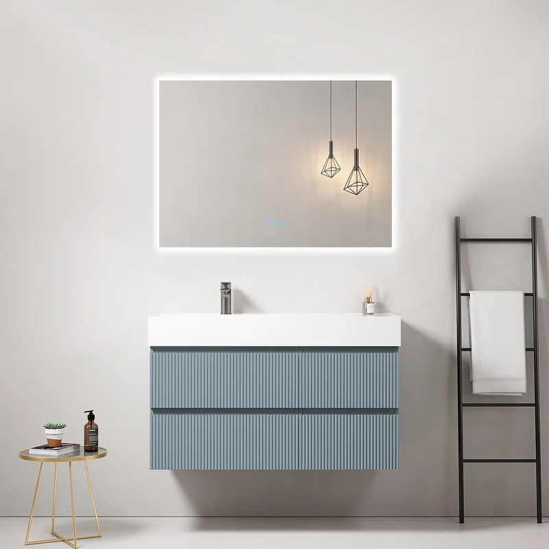 Mobile bagno sospeso cannettato 100 cm Blu Avio Lavabo a Sinistra in Resina Specchio Quadro Retroilluminato - Fiji Paint