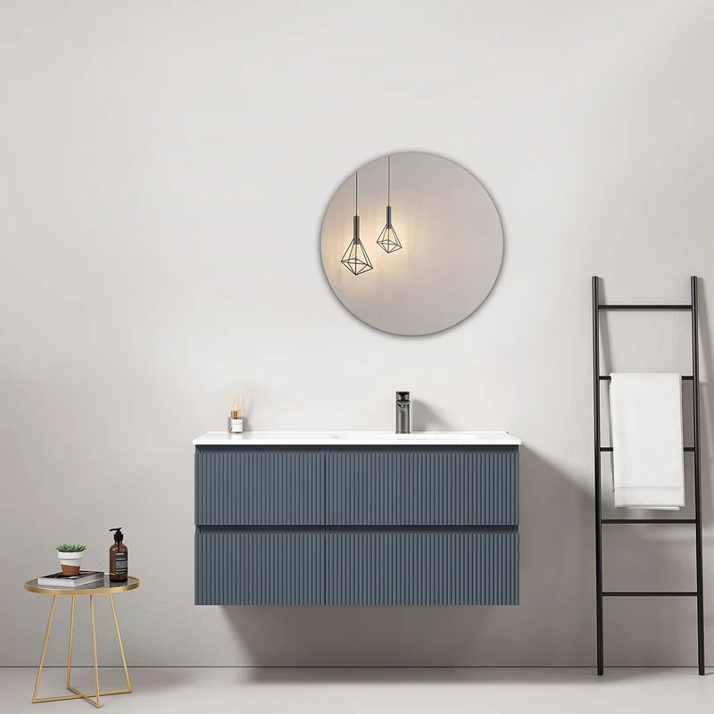 Mobile bagno sospeso cannettato 100 cm Blu Mare Lavabo a Destra in Ceramica Specchio Tondo - Fiji Paint