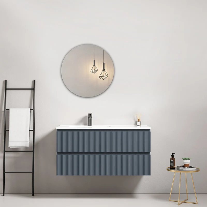 Mobile bagno sospeso cannettato 100 cm Blu Mare Lavabo a Sinistra in Ceramica Specchio Tondo - Fiji Paint