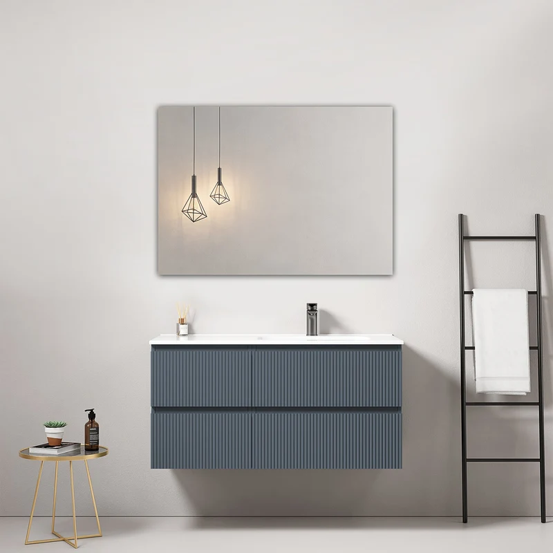 Mobile bagno sospeso cannettato 100 cm Blu Mare Lavabo a Destra in Ceramica Specchio Quadro - Fiji Paint