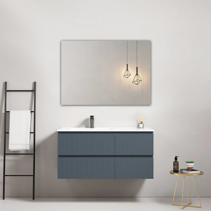 Mobile bagno sospeso cannettato 100 cm Blu Mare Lavabo a Sinistra in Ceramica Specchio Quadro - Fiji Paint