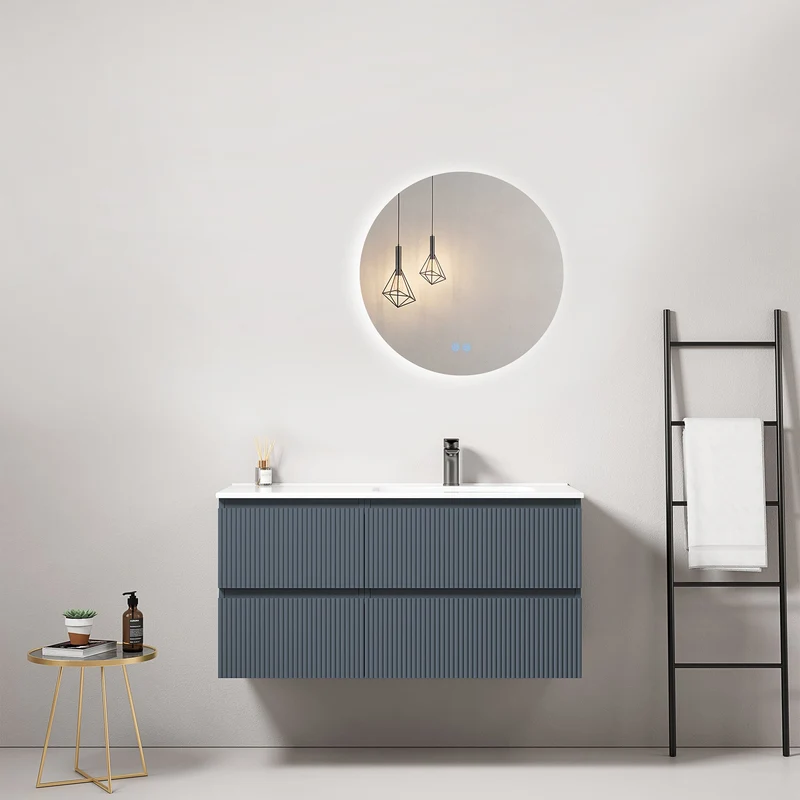 Mobile bagno sospeso cannettato 100 cm Blu Mare Lavabo a Destra in Ceramica Specchio Tondo Retroilluminato - Fiji Paint
