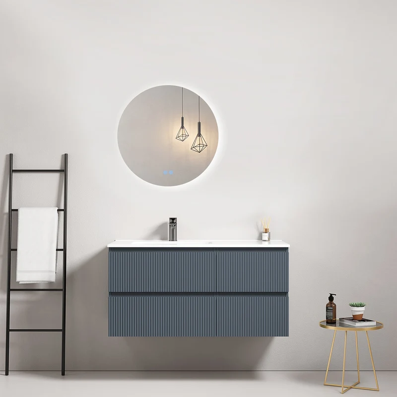 Mobile bagno sospeso cannettato 100 cm Blu Mare Lavabo a Sinistra in Ceramica Specchio Tondo Retroilluminato - Fiji Paint