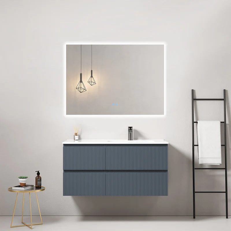Mobile bagno sospeso cannettato 100 cm Blu Mare Lavabo a Destra in Ceramica Specchio Quadro Retroilluminato - Fiji Paint