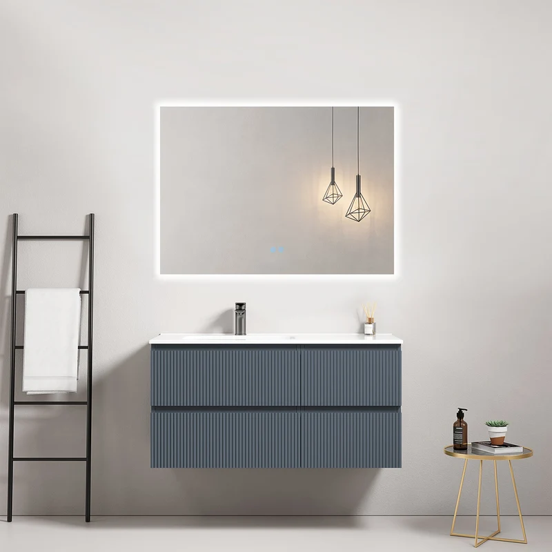 Mobile bagno sospeso cannettato 100 cm Blu Mare Lavabo a Sinistra in Ceramica Specchio Quadro Retroilluminato - Fiji Paint