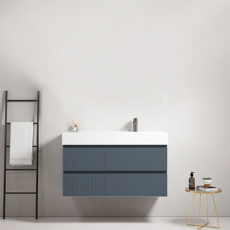 Mobile bagno sospeso cannettato 100 cm Blu Mare Lavabo a Destra in Resina Senza Specchio - Fiji Paint
