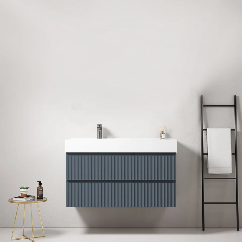 Mobile bagno sospeso cannettato 100 cm Blu Mare Lavabo a Sinistra in Resina Senza Specchio - Fiji Paint