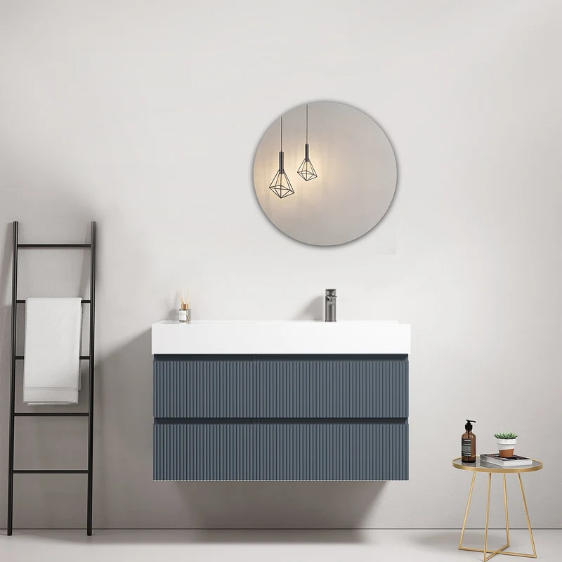 Mobile bagno sospeso cannettato 100 cm Blu Mare Lavabo a Destra in Resina Specchio Tondo - Fiji Paint