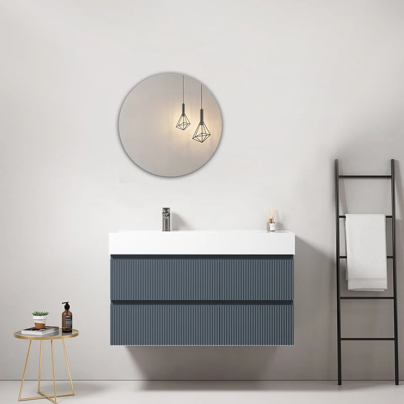 Mobile bagno sospeso cannettato 100 cm Blu Mare Lavabo a Sinistra in Resina Specchio Tondo - Fiji Paint