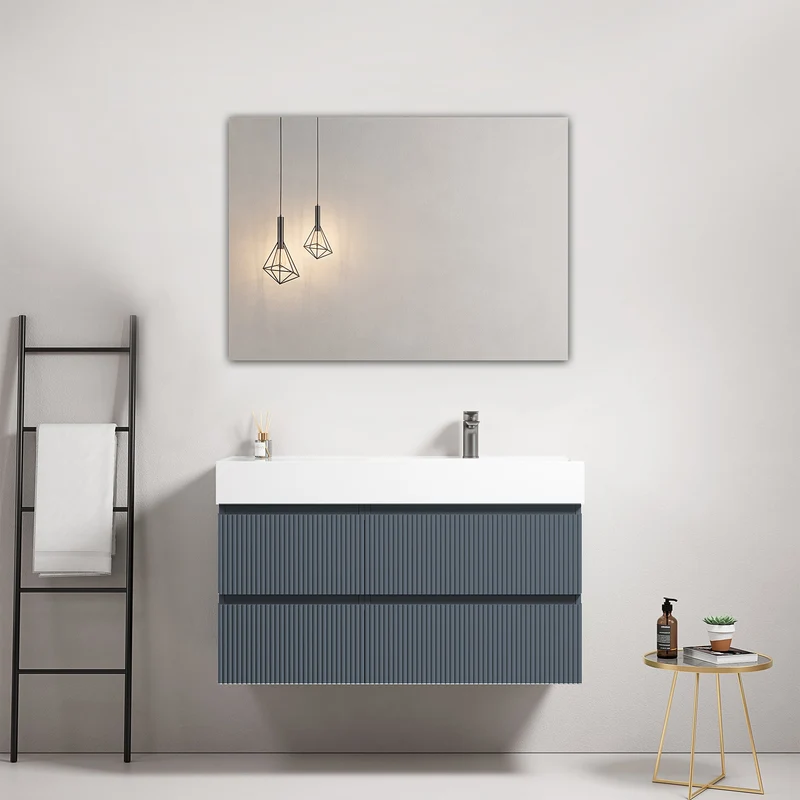 Mobile bagno sospeso cannettato 100 cm Blu Mare Lavabo a Destra in Resina Specchio Quadro - Fiji Paint