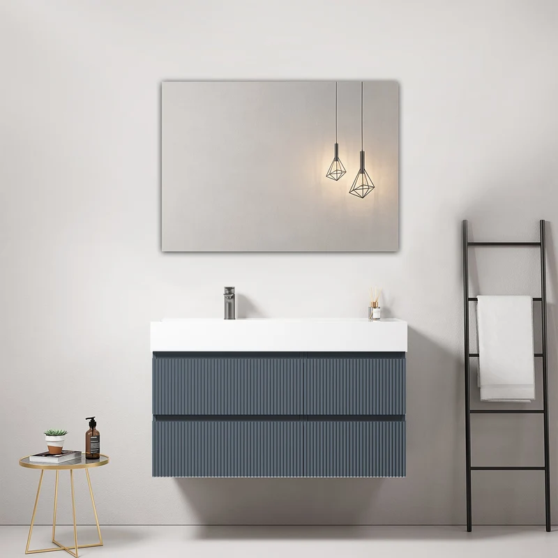 Mobile bagno sospeso cannettato 100 cm Blu Mare Lavabo a Sinistra in Resina Specchio Quadro - Fiji Paint