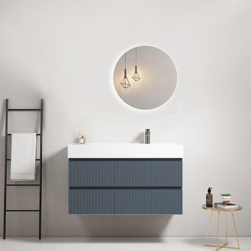 Mobile bagno sospeso cannettato 100 cm Blu Mare Lavabo a Destra in Resina Specchio Tondo Retroilluminato - Fiji Paint