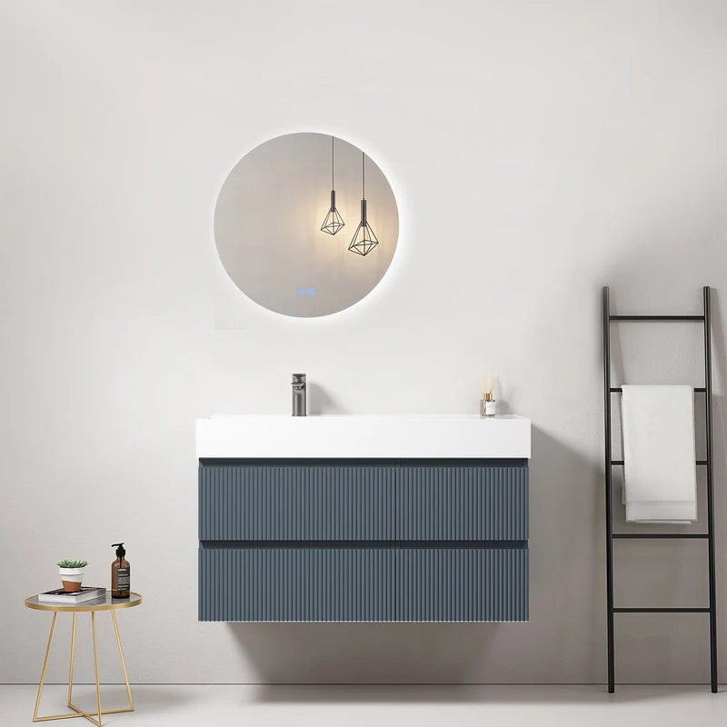 Mobile bagno sospeso cannettato 100 cm Blu Mare Lavabo a Sinistra in Resina Specchio Tondo Retroilluminato - Fiji Paint