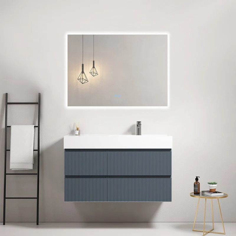 Mobile bagno sospeso cannettato 100 cm Blu Mare Lavabo a Destra in Resina Specchio Quadro Retroilluminato - Fiji Paint