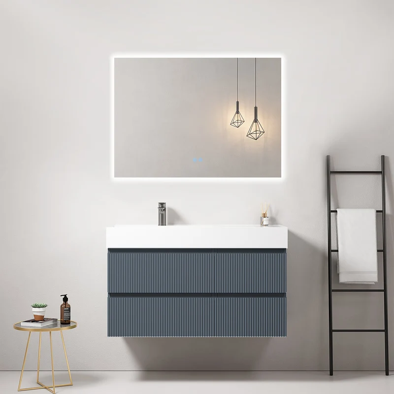 Mobile bagno sospeso cannettato 100 cm Blu Mare Lavabo a Sinistra in Resina Specchio Quadro Retroilluminato - Fiji Paint