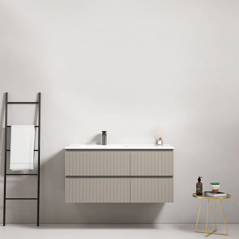 Mobile bagno sospeso cannettato 100 cm Grigio Cenere Lavabo a Sinistra in Ceramica Senza Specchio - Fiji Paint