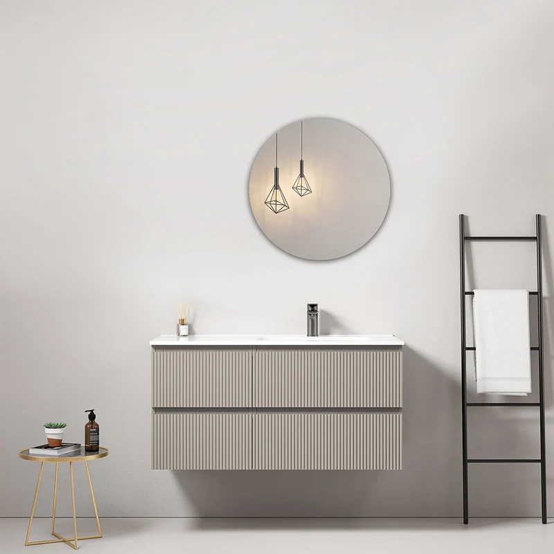 Mobile bagno sospeso cannettato 100 cm Grigio Cenere Lavabo a Destra in Ceramica Specchio Tondo - Fiji Paint